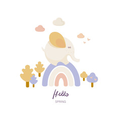 Welcome or hello spring pattern in pastel colors, with a happy baby elephant standing on a rainbow, trees and clouds. Hand drawn vector illustration, white background, all elements are isolated.