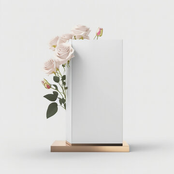 Elegant and modern podium for cosmetics product or photo frame display, rose flowers in white background