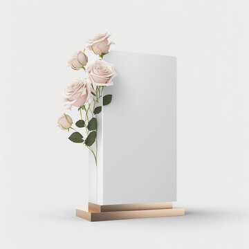 Elegant and modern podium for cosmetics product or photo frame display, rose flowers in white background