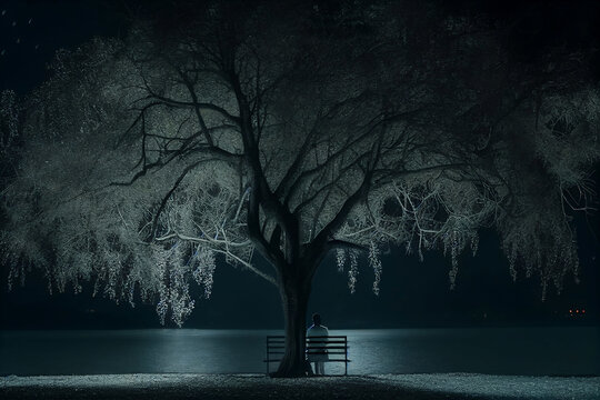Person Sitting Alone atop a Bench beside a Weeping Willow Tree