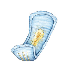 Watercolor illustration of disposable menstrual pads. Urological, sanitary pads for periods, waterproof hygiene product. Waste pollution symbol. Stop plastic pollution. Isolated on white background.