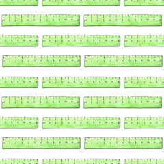 Watercolor illustration pattern green plastic measuring ruler. Draw, measure and edit. "Back to School" Writing supplies for posters, posters, postcards, holiday decor. Isolated on white background.