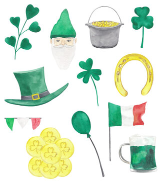 St patricks day set Watercolor illustrations of clover, green hat, green beer, gnome, lucky stuff and golden coins. 
