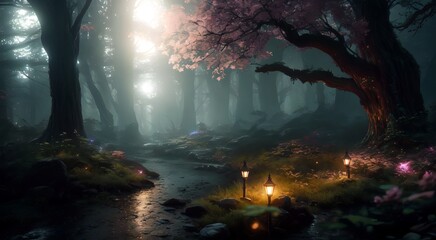 Mysterious magical trees in misty forest [AI Generated]