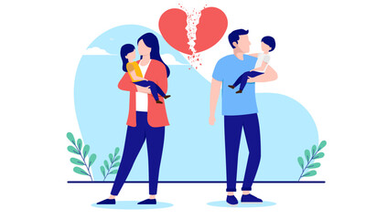 Divorced parents - Couple with kids breaking up and having divorce holding a child each with broken heart symbol. Flat design vector illustration with white background