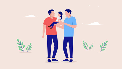 Gay couple with child - Two men standing outdoors holding a kid and being happy. Flat design vector illustration with beige background