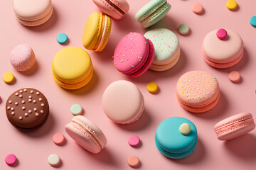Colourful macarons on pink background. Generative AI