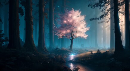 Mysterious magical trees in misty forest [AI Generated]