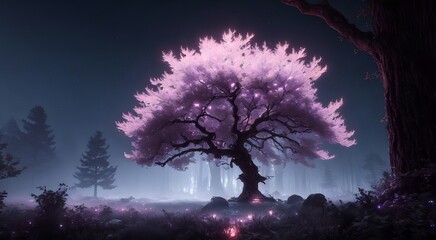 Fototapeta na wymiar Mysterious magical trees in misty forest [AI Generated]
