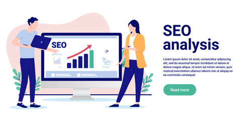SEO analysis - People working on search engine optimisation on computer screen with rising chart and great result. Flat design vector illustration with copy space and white background