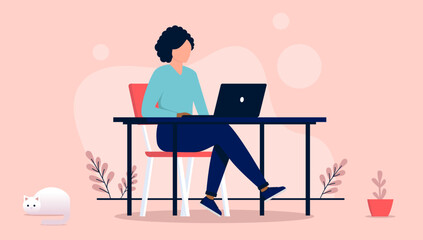 Woman working on laptop computer sitting at desk alone. Flat design vector illustration