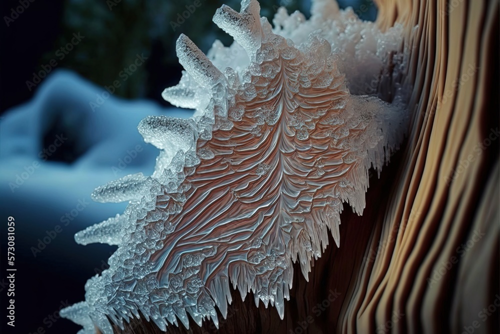 Poster heightened ice crystals that have developed on a tree's trunk generative ai