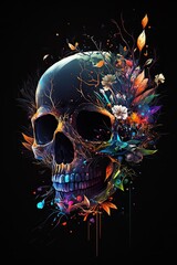 Abstract skull with roses and flowers growing from it. Colorful petals. Life from death. Morbid illustration tattoo.