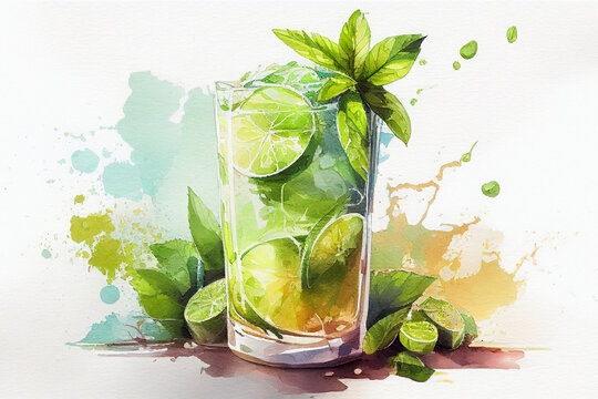 Watercolor mojito cocktail, summer drink. AI generative illustration.