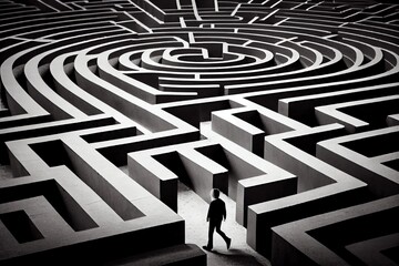 Man Walking Into Big Labyrinth. Finding Solution Concept. Generative AI