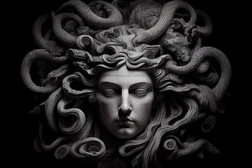 The Classic Depiction Of The Head Of The Gorgon Medusa From Ancient Mythology. A Gloomy Awesome Look Horror Fright. Technology. Generative AI - obrazy, fototapety, plakaty