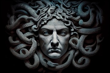 Fototapeta na wymiar The Classic Depiction Of The Head Of The Gorgon Medusa From Ancient Mythology. A Gloomy Awesome Look Horror Fright. Technology. Generative AI