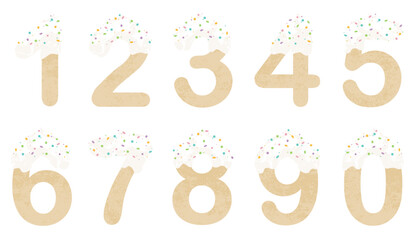 A set of numbers 0-9 in a grunge cupcake style with sprinkles
