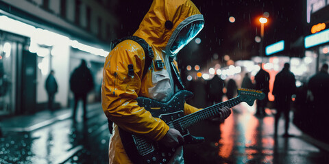 Image Generated Artificial Intelligence. Man on NBQ suit playing electric guitar on street in a rainy night.
