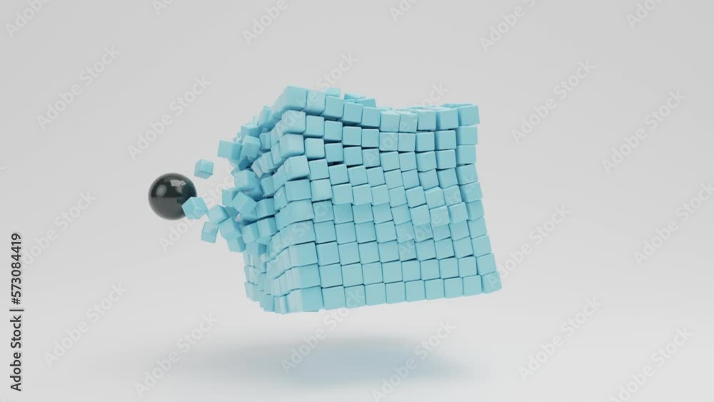 Poster abstract 3d animation of a set of cubes through which a black cube flies. cubes turn into spheres an