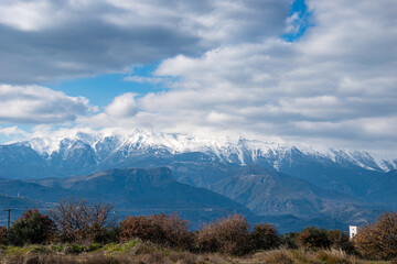 View of the impressive snowy mount Taygetus from Lakonia, Greece