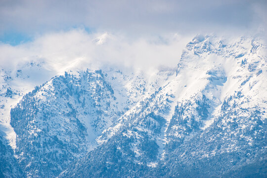 View of the impressive snowy mount Taygetus from Lakonia, Greece