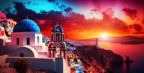 A stunning panoramic view of the Mediterranean Sea, Mikonos iconic built structures and summery sky at sunset - a perfect travel destination to escape on holiday. Ai generated