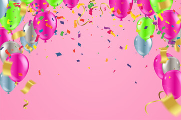 Balloons, confetti, banners and a sign for text Holiday background with Colorful balloons and confetti