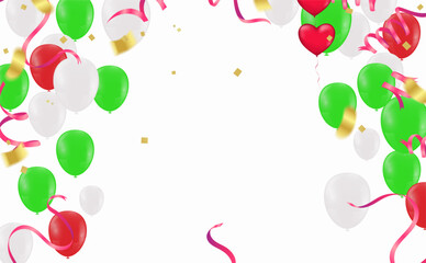 Colorful birthday balloons and confetti on sky background, illustration vector background with place for your text