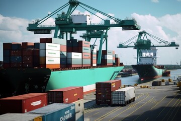 Stevedores unload containers from a ship docked at the international trade port. Ai generated