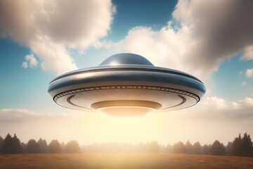A bright UFO hovers mysteriously above an unknown planet, showcasing a fascinating futuristic civilization and exploration of space. Ai generated