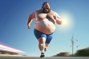 An overweight fat  man in sports clothing is running with determination, striving to lose fat and regain vitality. Ai generated - obrazy, fototapety, plakaty