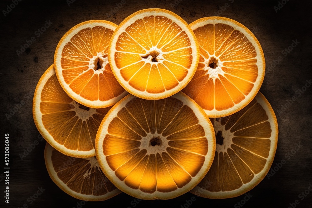 Poster sliced oranges in a vertical composition. generative ai