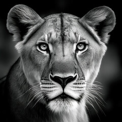 back and white, a powerful and majestic lioness. Generative AI