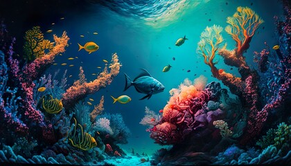 Naklejka na ściany i meble Colorful underwater sea ocean fishes corals vivid colors-wallpaper background created with generative AI technology