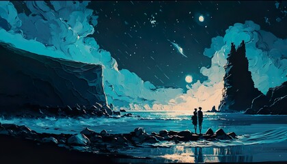 Two people ocean sea night space stars cosmic painting wallpaper background created with generative AI technology