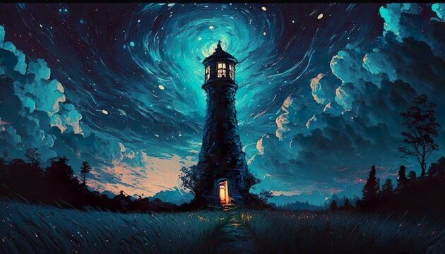 Lighthouse Middle Night Cosmic Clouds Stars Moon Painting Wallpaper Background Created With Generative AI Technology