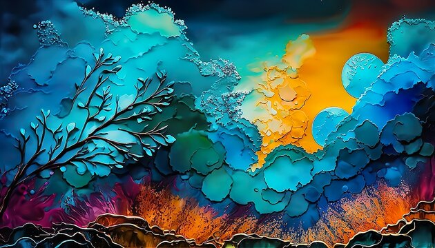 Vibrant multicolored colorful sky clouds trees psychedelic abstract surrealism colorful painting wallpaper background created with generative AI technology