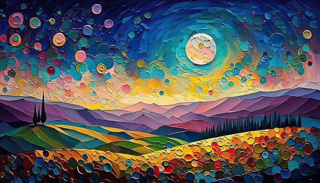 Vibrant colorful tuscany night landscape relief moon pointillism painting wallpaper background created with generative AI technology
