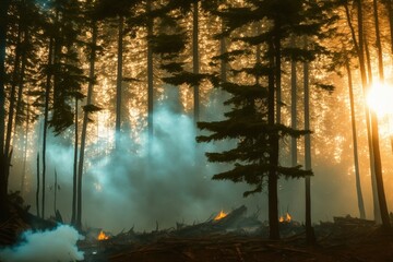 Intense flames from a massive forest fire, generative ai. Flames light up the evening as they rage thru pine forests and sage brush