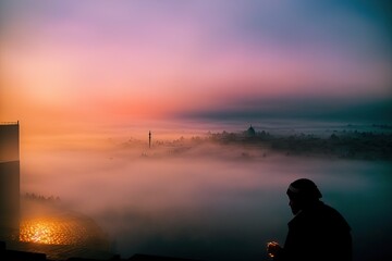 Muslim praying in a mystical environment, silhouette photo, no face visible, generative ai, color grading, islam religion concept photo