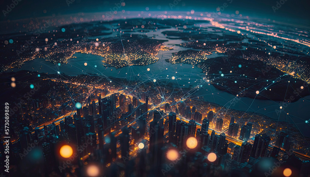 Wall mural high tech data network color grids over miniature cityscape with cinematic coloring created with gen