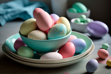 Fototapeta na wymiar Pastel colored Easter eggs in plate on the table. Generative AI