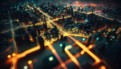 High tech data network color grids over miniature cityscape with cinematic coloring created with Generative AI technology