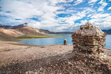 beautiful lake curve of morning in Tso moriri, Lah, Ladakh, India.