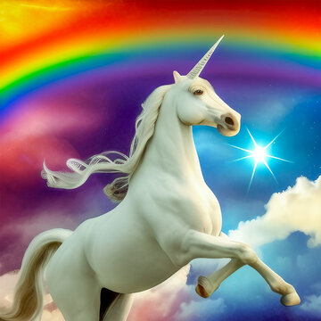 White unicorn flying in the sky with rainbow and clouds, made with generative AI