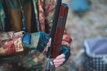 A process of hunting during spring hunting season, process of duck hunting, group of hunters in...