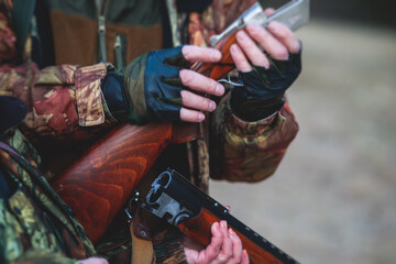 A process of hunting during spring hunting season, process of duck hunting, group of hunters in...