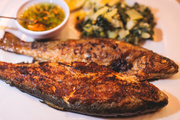 Fried grilled trout, roasted pastrmka fish on a plate with spinach and mashed potato garnish served in a traditional seafood restaurant in Montenegro, prepared cooked pastrmke, balkan dish