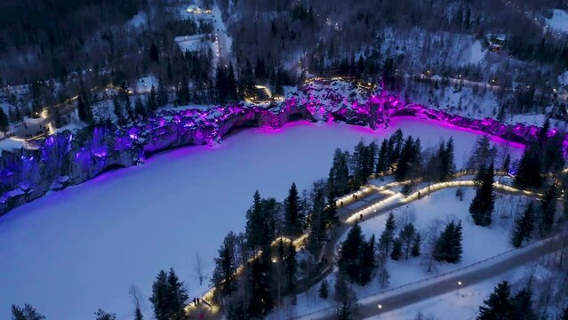 a beautiful view of the illumination of the ruskela mountain park. republic of karelia